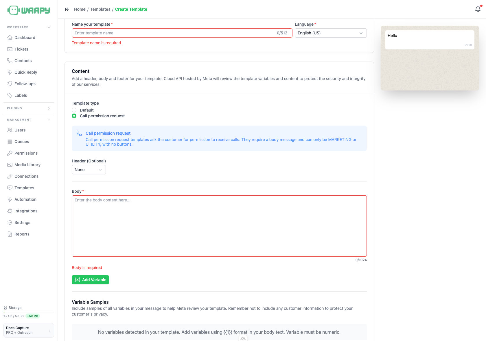 Call permission request selected in the template type field