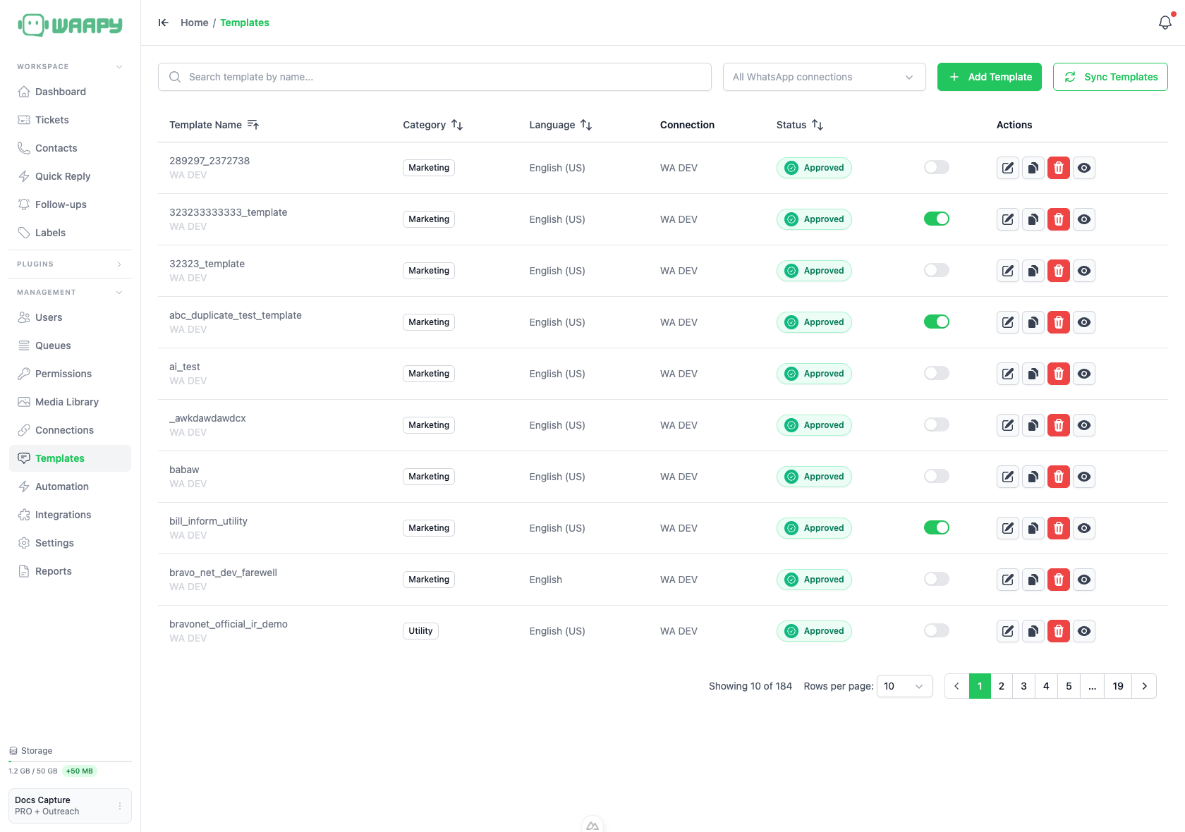 Templates list with the search box, connection filter and Add Template button