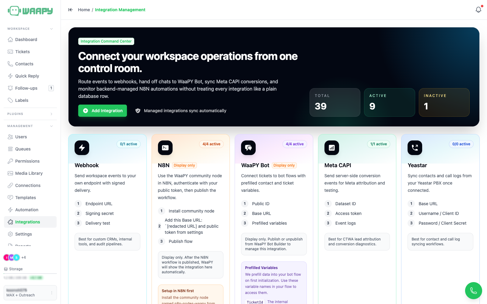 Integration Management page with one card per supported type