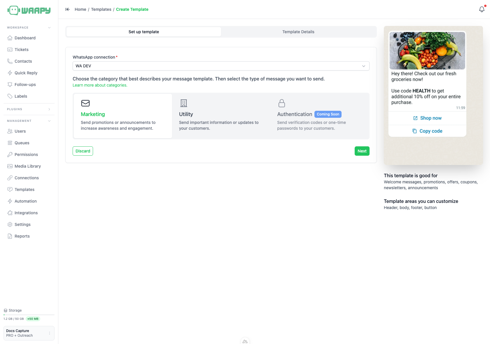 Setup step with the connection picker and the three category cards