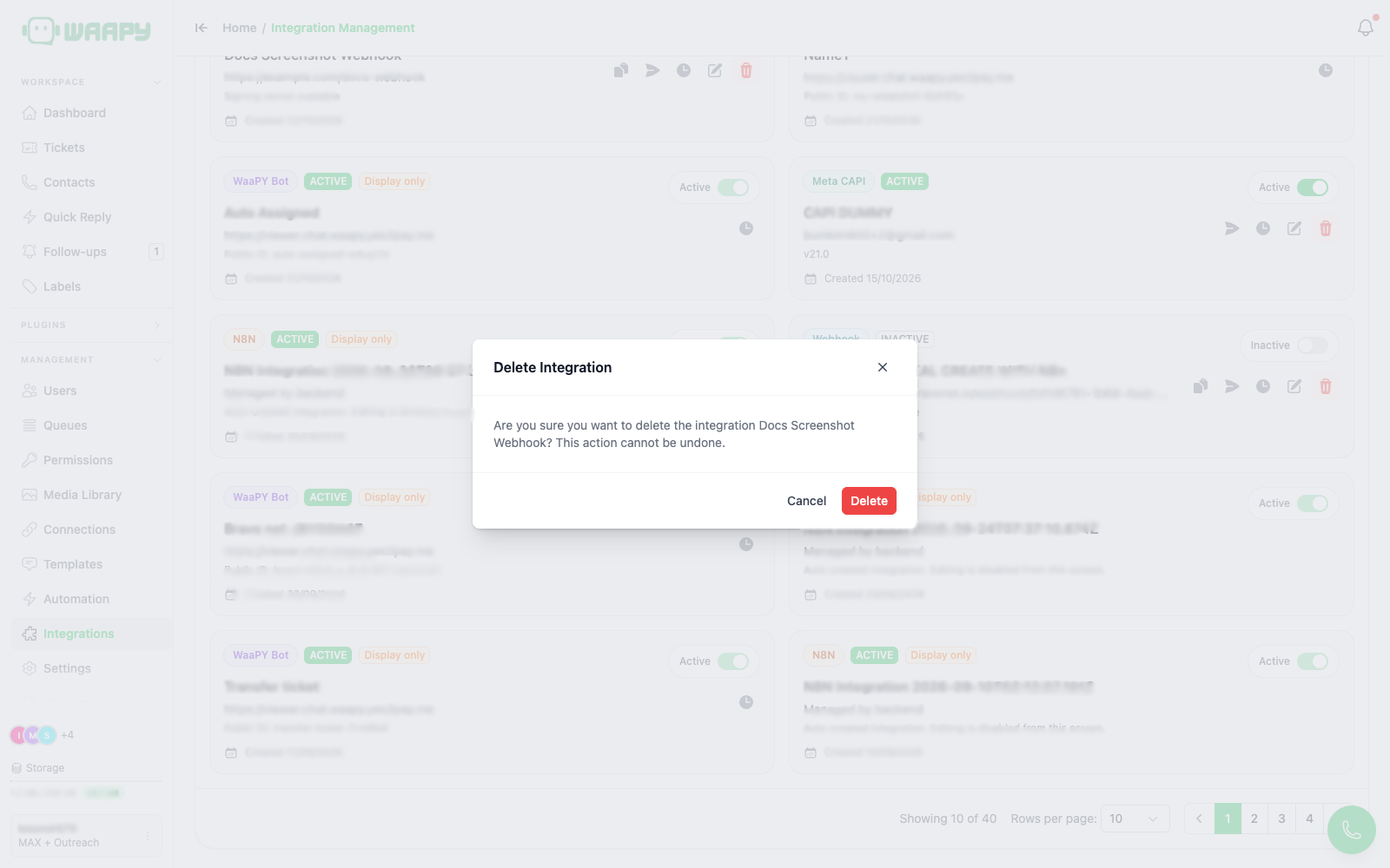 Delete Integration confirmation dialog