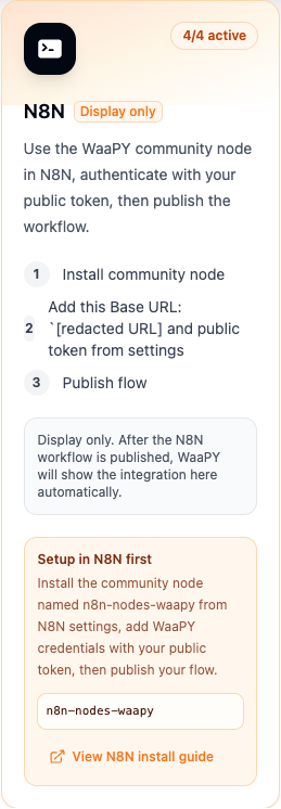N8N integration card with the setup steps