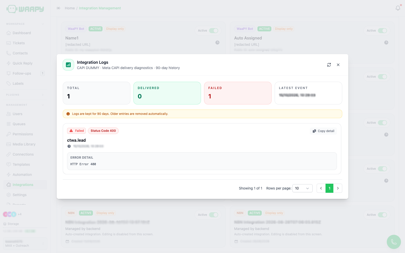 Meta CAPI logs showing a failed conversion event