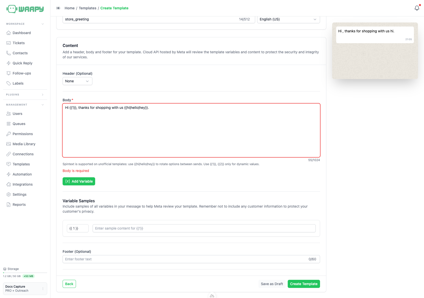Unofficial template details with the spintext hint and the Create Template button