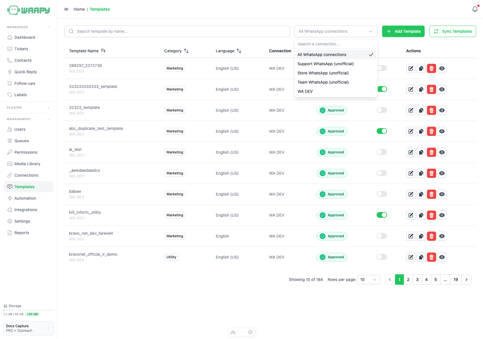 Connection filter listing the official and unofficial WhatsApp connections