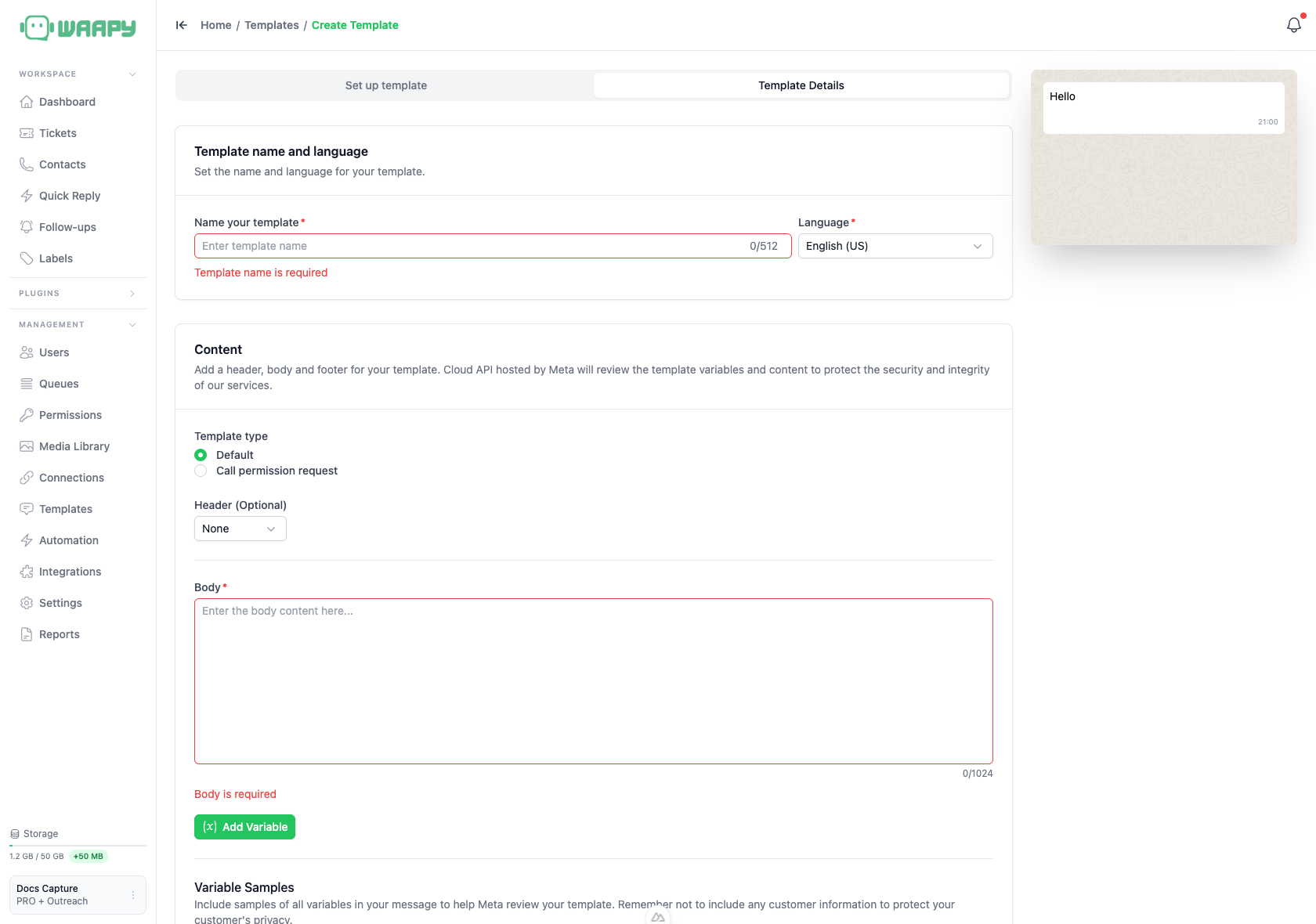 Template details step with the name, language, template type, header and body fields