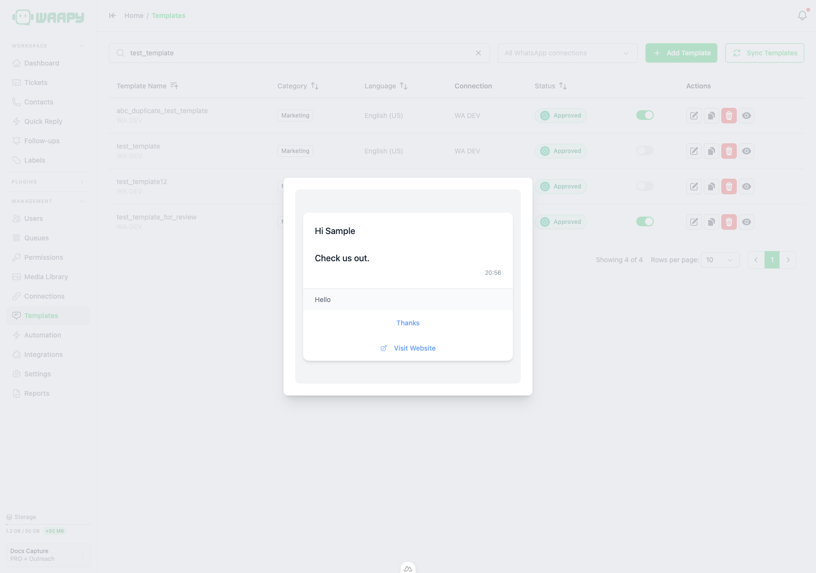 Preview of a template with its body, footer and buttons