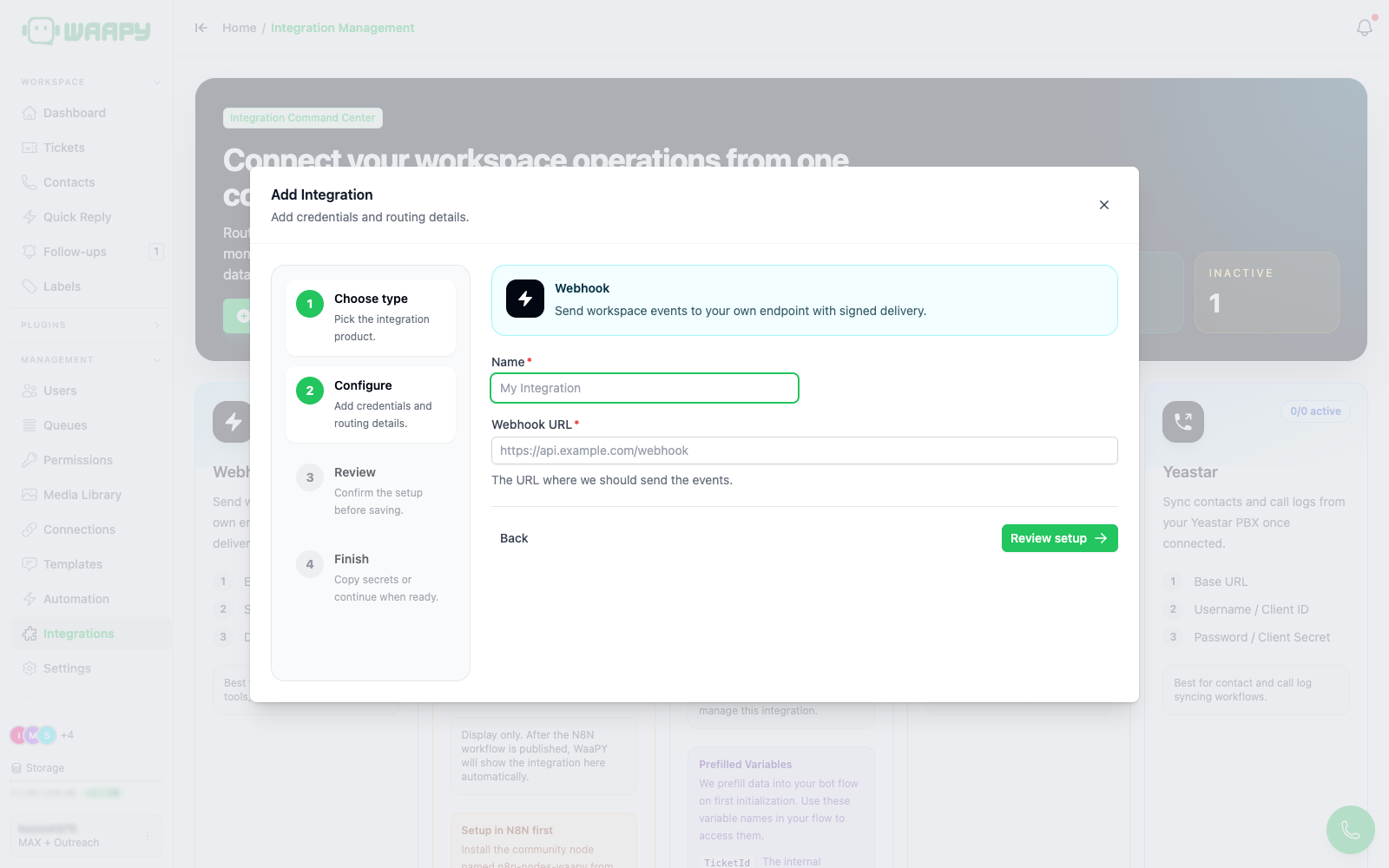 Step 2 of the wizard, webhook configuration