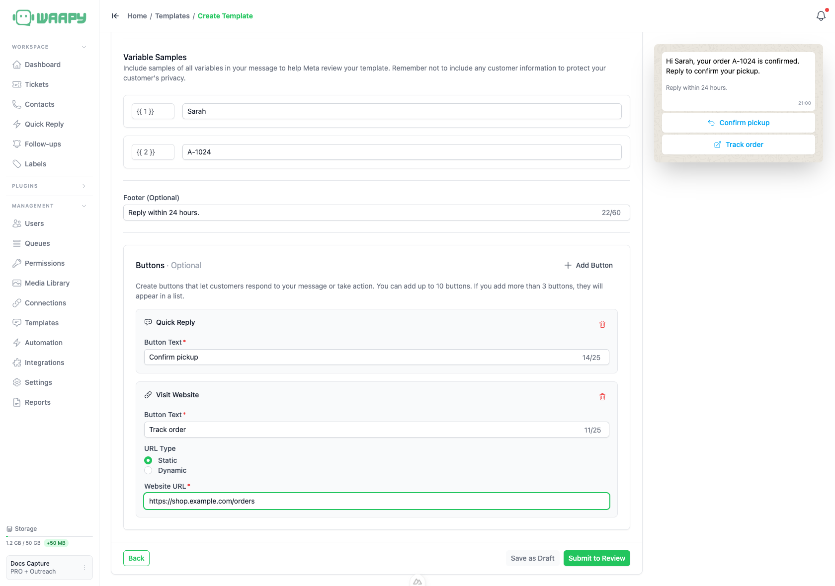 Buttons section with a Quick Reply and a Visit Website button