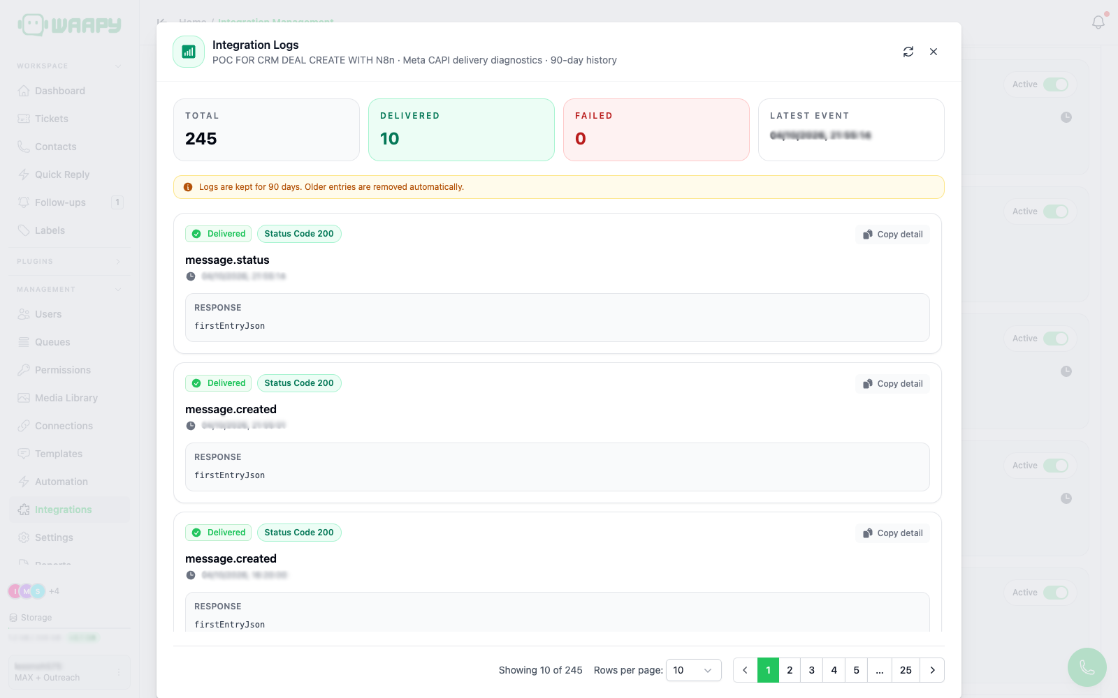 Integration logs for a Webhook integration